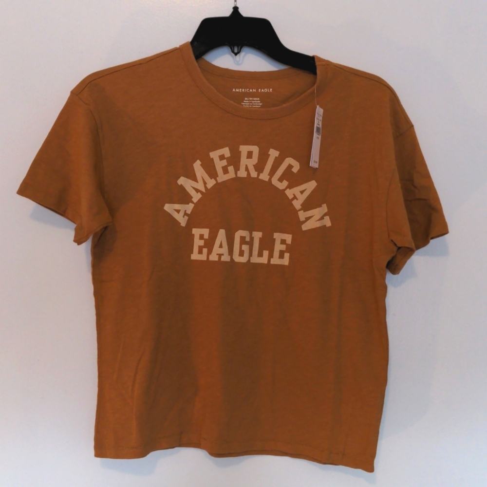American Eagle Womens Graphic Tee Mustard Brown Logo T-Shirt XS 030-0531-1097